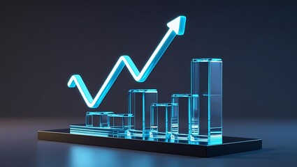 Futuristic glowing data visualization graph with neon light bars and line chart on dark background