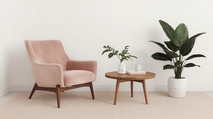 Pink armchair and green plants bright modern room on minimal empty background, wall mockup, 3d render 