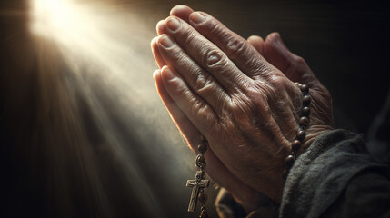 old persons hands praying and holding rosary. shining lights above