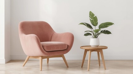Pink armchair and green plants bright modern room on minimal empty background, wall mockup, 3d render 