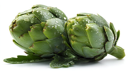 Fototapeta premium Two fresh green artichokes covered in water droplets sit against a bright white background. Healthy food.
