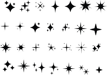 black silhouettes of stars vector sparkles, glowing stars, shining stars, starburst, starlight, celestial, cosmic, astronomical, galaxy, nebula, luminous, radiant