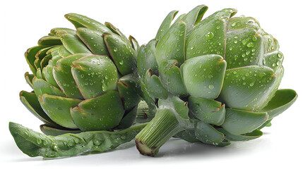 Two fresh artichokes with dew drops, revealing intricate leaf details and appealing texture, vibrant green.
