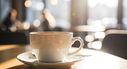 Obraz premium A cup of coffee on a wooden table in a cafe with a blurred background and warm light coming through the window
