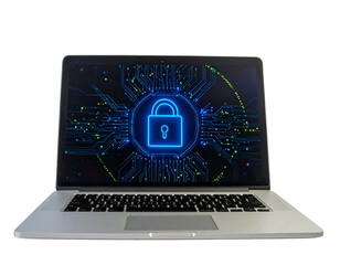Laptop Front View with Digital Lock Icon on Screen, Cybersecurity Concept, isolated on transparent background