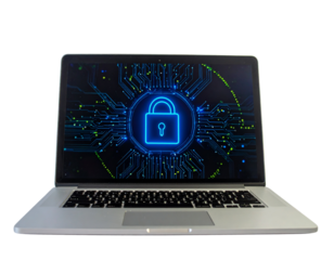 Laptop Front View with Digital Lock Icon on Screen, Cybersecurity Concept, isolated on transparent background