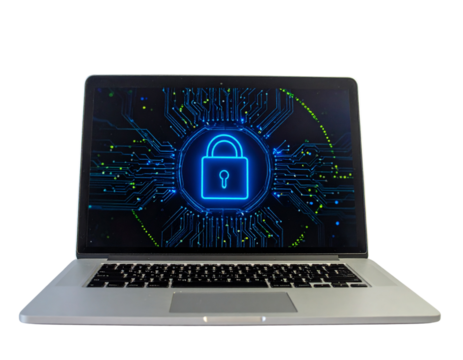 Laptop Front View with Digital Lock Icon on Screen, Cybersecurity Concept, isolated on transparent background