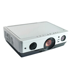 A white projector with a lens and control buttons on a transparent background