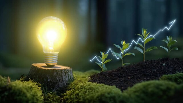 A glowing light bulb on a mossy tree stump illuminates a growth graph of seedlings in forest soil, symbolizing sustainable progress.