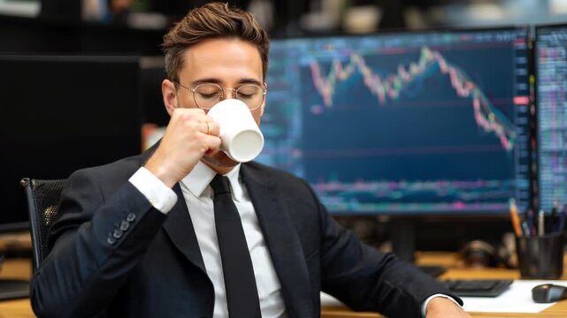 crypto trader businessman in suit drinking coffee from cup. day trading desktop in background with market charts