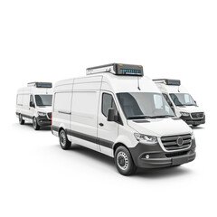 Naklejka premium Three white vans lined up in a row. The transportation concept of commercial vehicles.