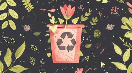 Eco-friendly recycling bin with recycle symbol surrounded by floating leaves and flowers background