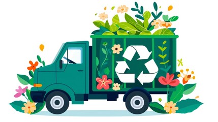 Illustration of eco recycling truck filled with colorful flowers and leaves with recycle symbol on bright background