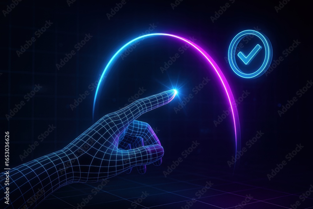 Poster digital touch: an abstract image of a digital hand, its wireframe structure glowing with neon light,
