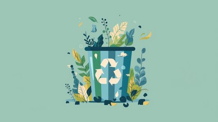 Eco-friendly recycling bin with recycle symbol surrounded by floating leaves and flowers background