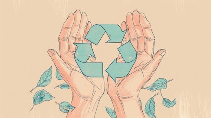 Protective hands holding green eco recycling symbol with floating leaves on soft pastel background. Reduce, reuse, recycle concept