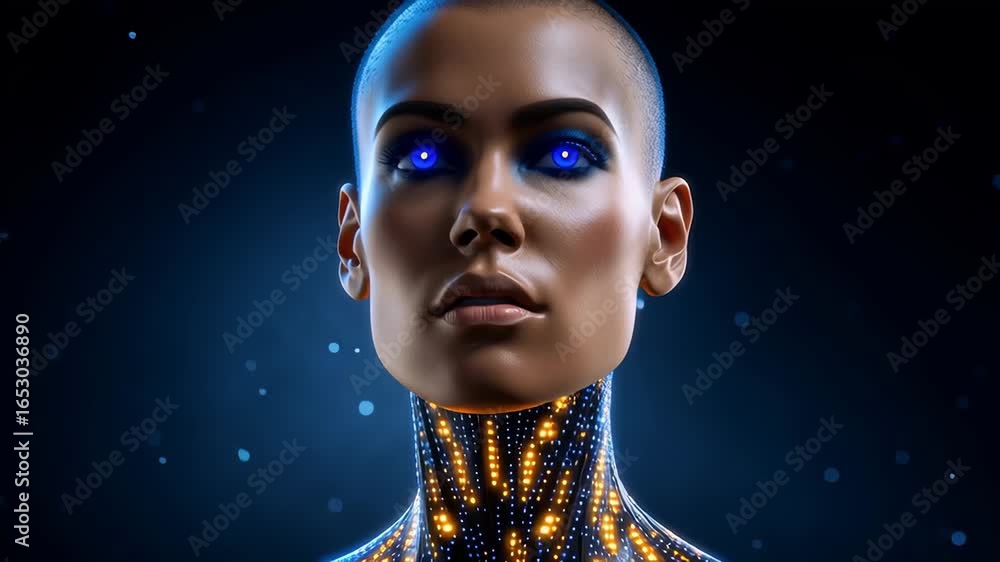 Poster futuristic figure with pulsating light patterns radiating under skin. dark background enhances the s