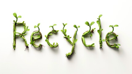 Wooden textured recycle word lettering with green leaves and eco recycling symbol on white background