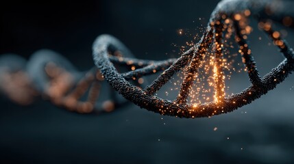 A close up of a dna strand with glowing particles around it