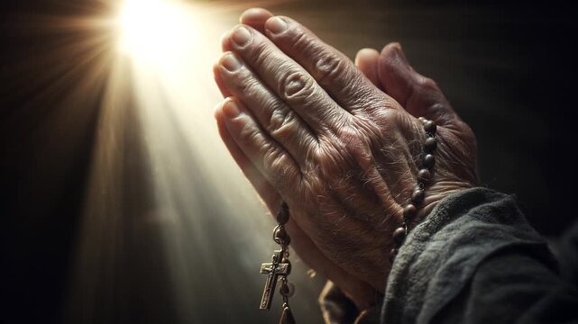 old persons hands praying and holding rosary. shining lights above