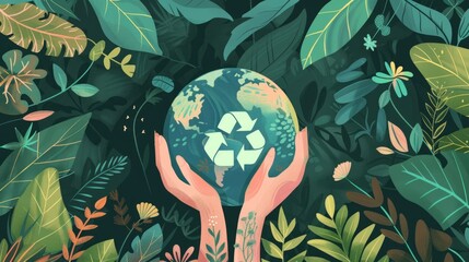 Protective hands holding planet Earth globe with eco recycling symbol surrounded by dense tropical jungle foliage