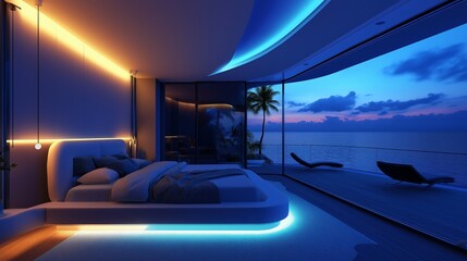 Fototapeta premium Cozy bedroom with stunning ocean view and moonlight illuminating the serene atmosphere at night