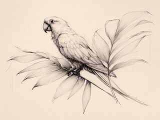 Vintage Parrot Bird Print on Tropical Palm Branch