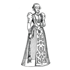 Medieval Woman Hand Drawn Illustration in Vintage Engraving Style
