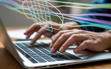 Person typing on laptop with colorful graphic overlay image