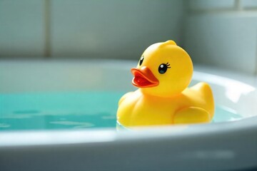 A cheerful yellow rubber ducky sits in a bathtub, ready for a relaxing bath time Water droplets cling to its shiny surface , fun, innocence