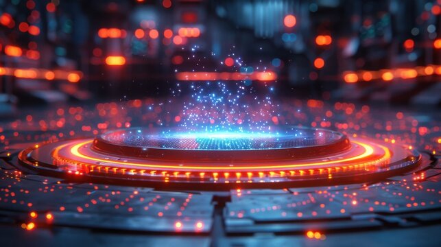 Glowing platform with blue particle effect in a tech setting