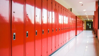 A long hallway lined with numerous glossy, vibrant red lockers creates a clean and organized school environment.