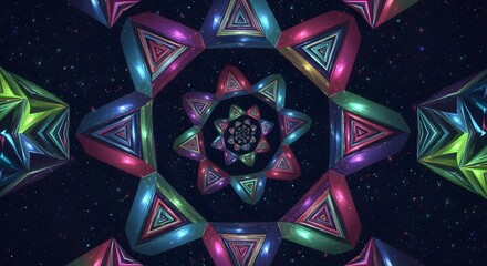 Animation of rotating geometric shapes forming a kaleidoscope
