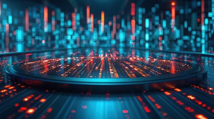 Abstract stage with blue and orange glowing light patterns