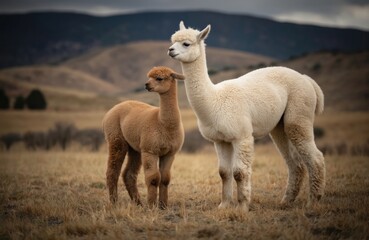 Fototapeta premium Two baby alpacas stand together in green meadow with trees, mountains in background. White, brown alpacas, young farm animals, graze in field with grass. Spring season, agriculture, farming, nature,
