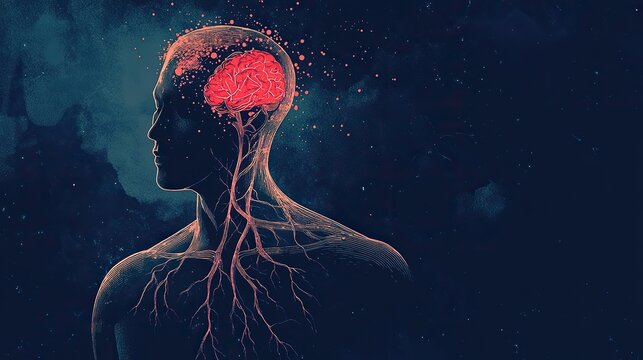 A medical-style illustration showing a man's upper torso with highlighted neural pathways and a pulsing red brain core, paired with a subtle sleep icon near the head on a sleek dark blue gradient.