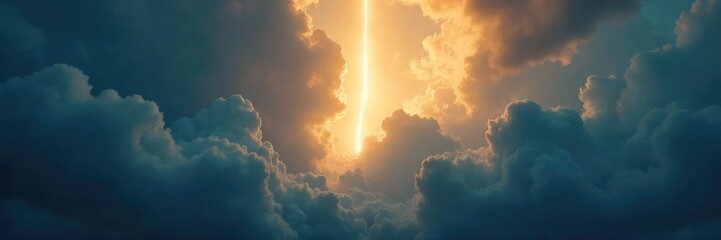 Obraz premium A single beam of light pierces through dark clouds, symbolizing hope, redemption, and spiritual awakening Perfect for religious, spiritual, or inspirational themes , rebirth, miracle