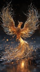 Golden phoenix rising from water with sparkling light effects and dark background