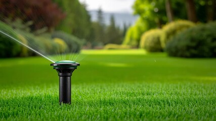 Sprinkler system waters lush green grass in spacious backyard garden. Bright sunny day enhances vibrant landscape with trees and bushes. Concept of landscaping, lawn maintenance, gardening