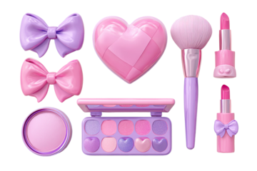 Pastel pink and purple makeup items arranged in a grid pattern, showcasing bows, heart-shaped items, and a compact palette