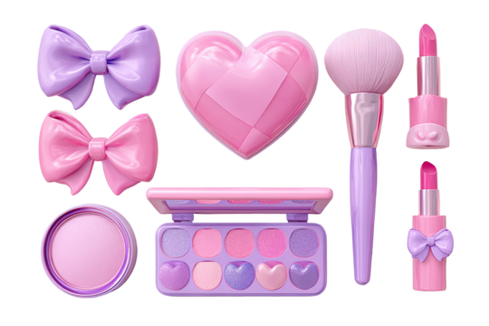 Pastel pink and purple makeup items arranged in a grid pattern, showcasing bows, heart-shaped items, and a compact palette