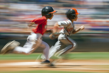Fototapeta premium Kids running the bases during a little league game, motion blur to convey energy and speed.
