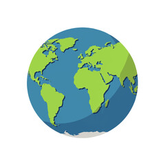 Simplified world map illustration, continents, green landmasses, blue oceans, globe.