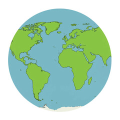 A simplified, illustrated globe showing continents and oceans, isolated on white background.
