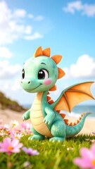 Cute cartoon dragon on a grassy beach