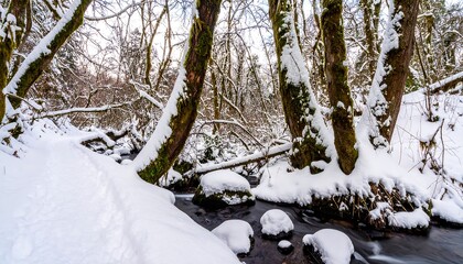 A snowy winter scene showcases a tranquil stream winding through a forest blanketed in fresh snowfall, with moss-covered tree trunks and branches draped in white.