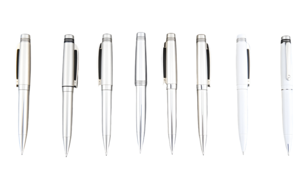 Collection of metallic pens on transparent background