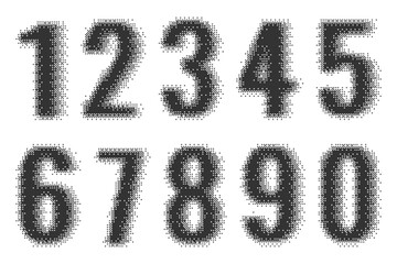 Bitmap numbers with pixel halftone effect. Y2k vector font shapes for collage and graphic design. Typographic trendy dither elements on white background