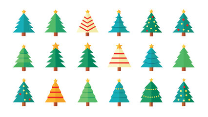 Collection of festive Christmas trees in various styles and colors on white