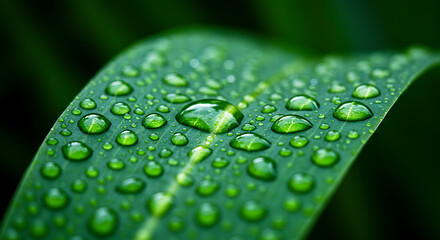 Raindrops glisten on a vibrant green leaf, creating a sparkling texture and a refreshing atmosphere.